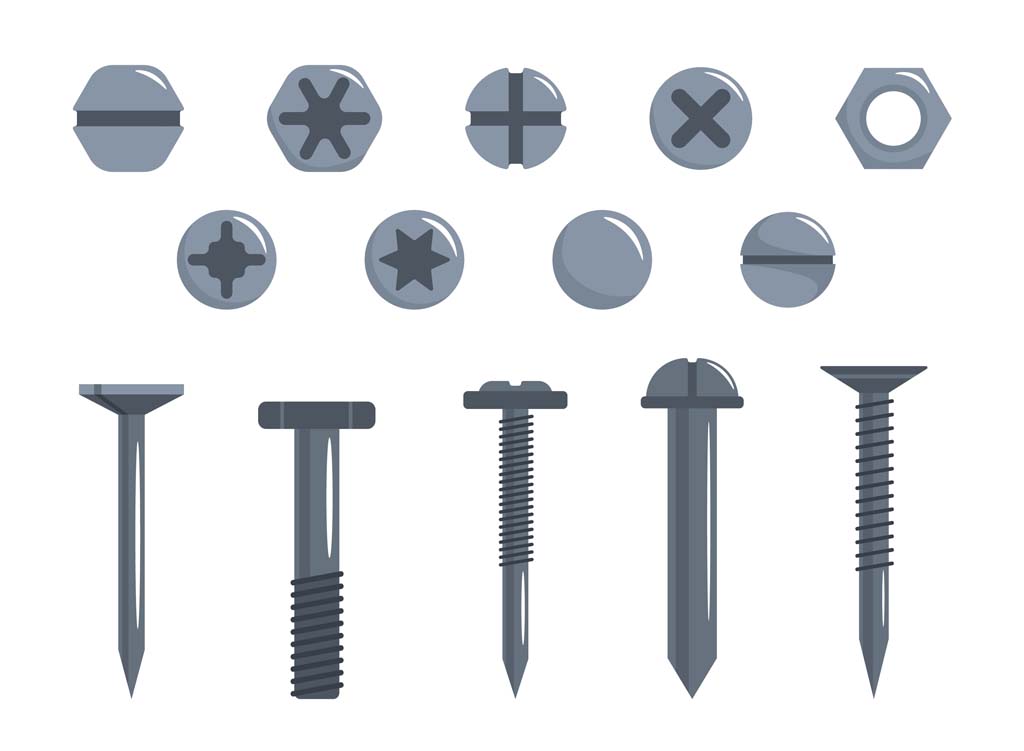Set of gray screws in cartoon style. Vector illustration of iron construction screws with different threads and heads on white background. Metal products.
