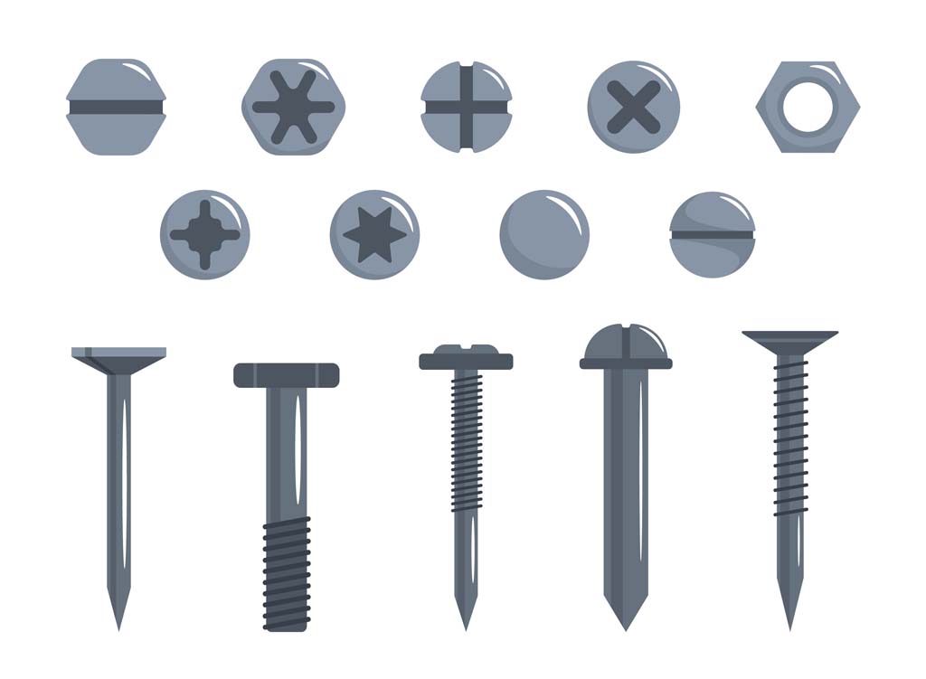 Jak uniknąć błędów przy pracy związanych z nieodpowiednim doborem śrub Set of gray screws in cartoon style. Vector illustration of iron construction screws with different threads and heads on white background. Metal products.